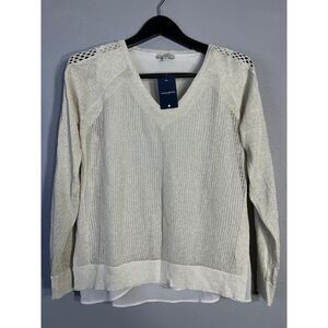 Lucky Brand Metallic Knit Sweater with Lace Detail Sparkly Linen Party Top